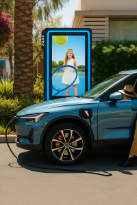 Borne de recharge véhicule électrique borne publicitaire écran TV Led affichage Expert Electricien Produit Borne pas cher Meilleur prix offre flash Montage tout compris fabrication fabriquant de bornes de recharge Lyon France Français pour magasin parking voitures électriques